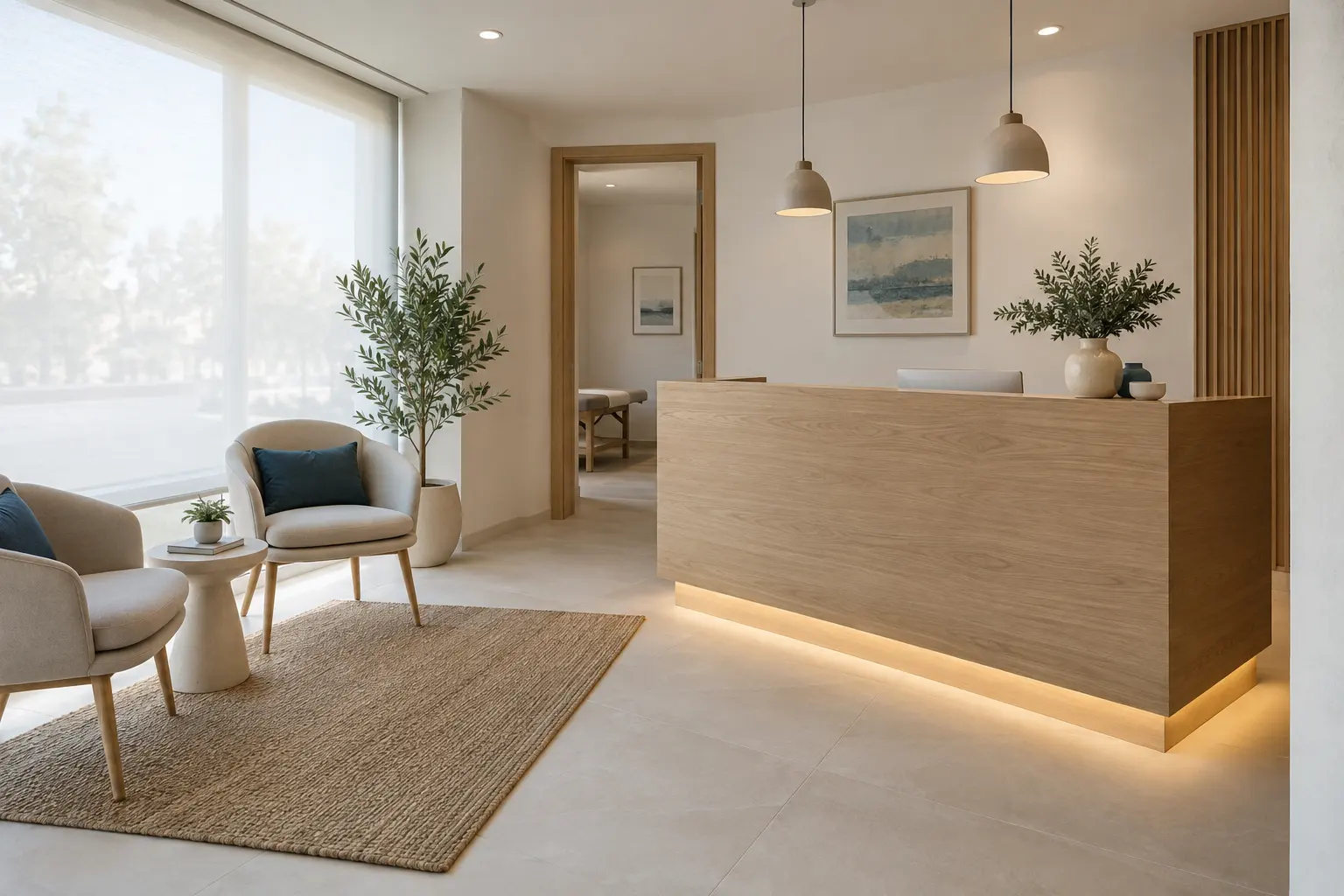 Illustration of a calm contemporary physiotherapy reception with natural light.